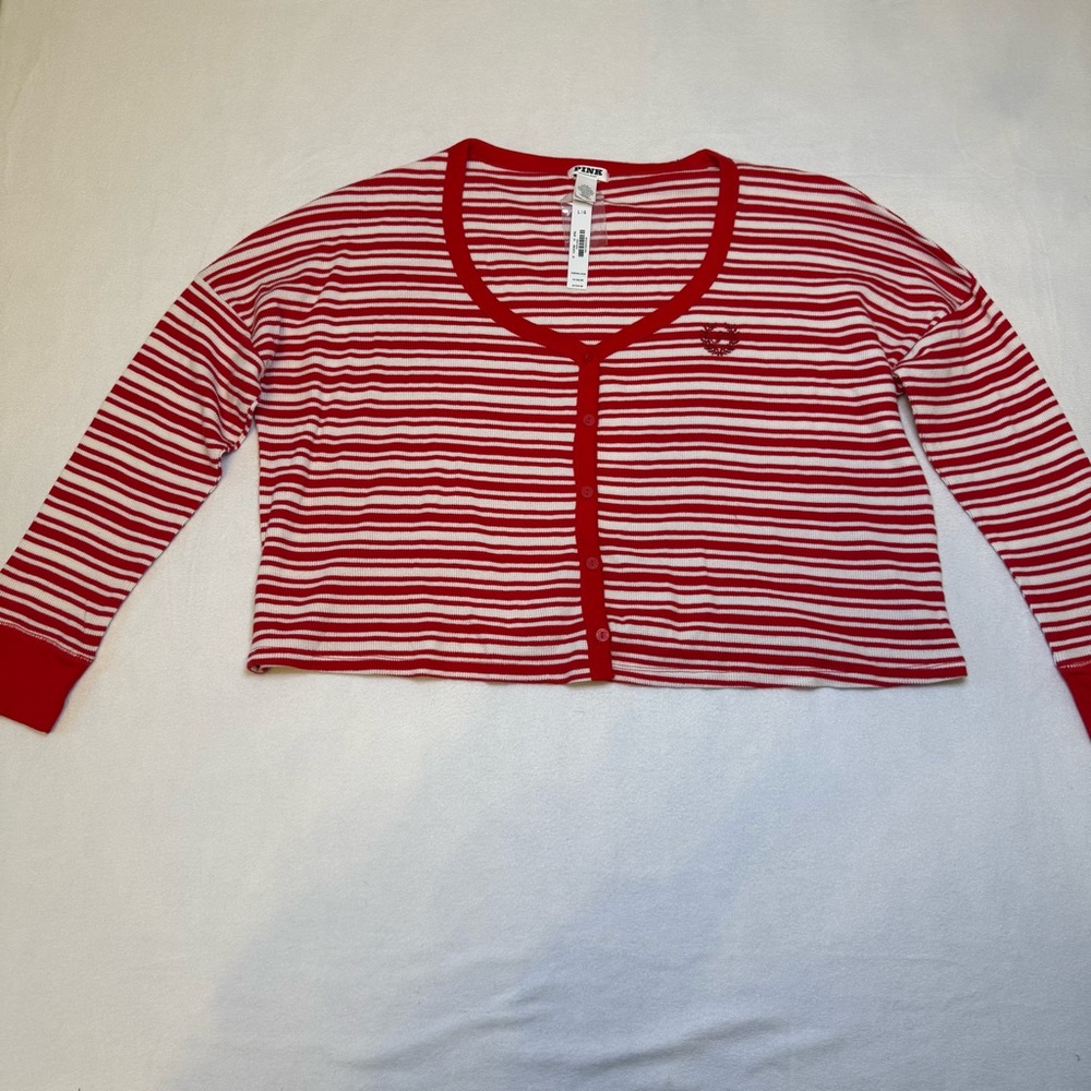 PINK‎ Thermal Body Boxy Cardigan Red White Stripe Size Large New with Tags